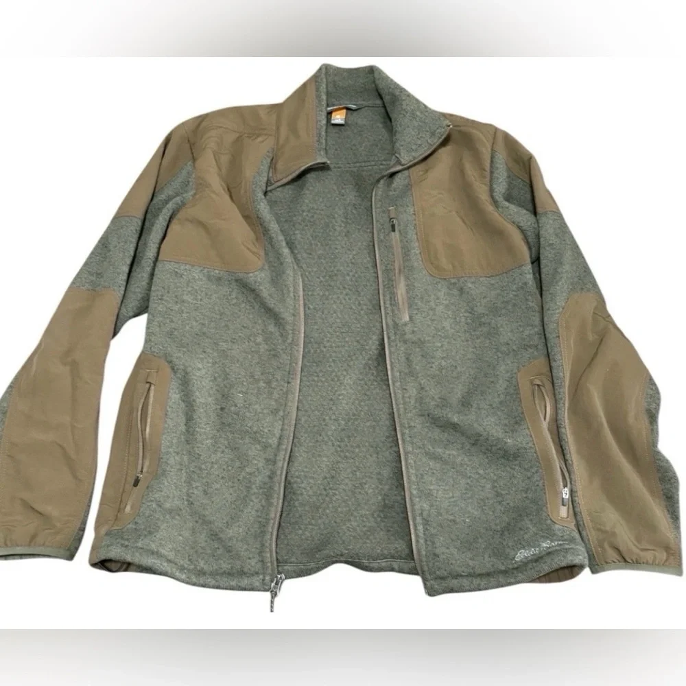Eddie Bauer Sport Shop Fleece Jacket Men’s Small Green Brown Full Zip Outdoor